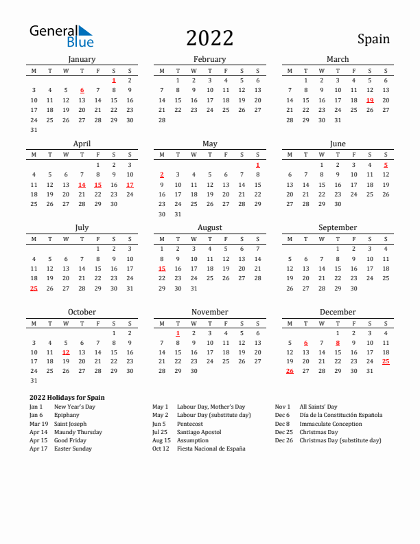 Spain Holidays Calendar for 2022