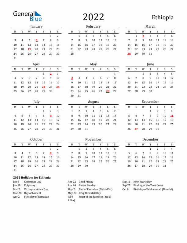 Ethiopia Holidays Calendar for 2022