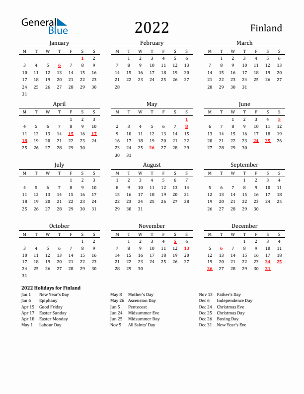 Finland Holidays Calendar for 2022