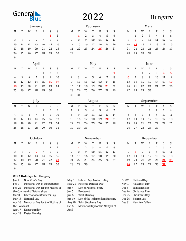 Hungary Holidays Calendar for 2022