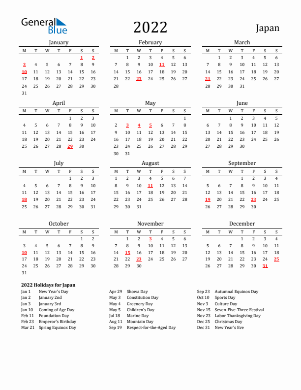 Japan Holidays Calendar for 2022