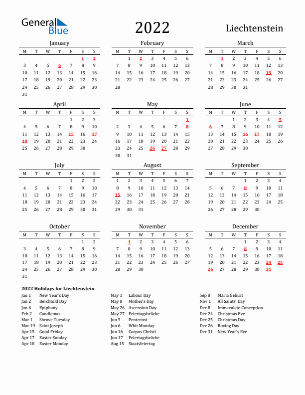 Liechtenstein Holidays Calendar for 2022