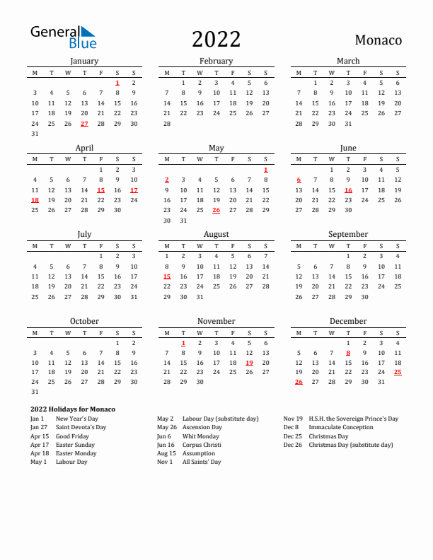 Monaco Holidays Calendar for 2022