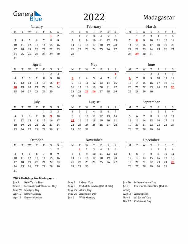 Madagascar Holidays Calendar for 2022