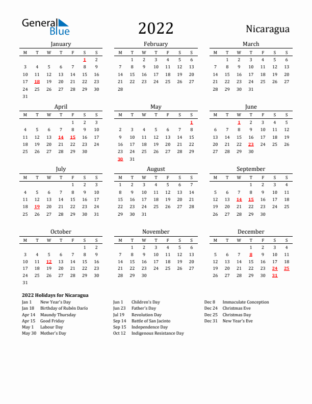 Nicaragua Holidays Calendar for 2022