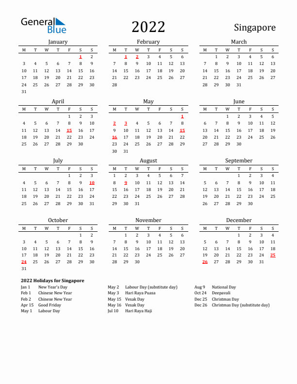 Singapore Holidays Calendar for 2022