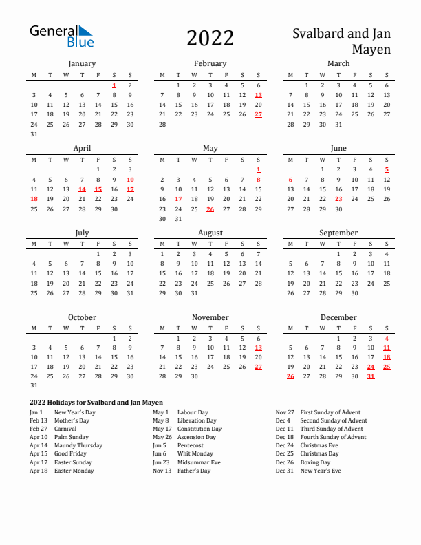 Svalbard and Jan Mayen Holidays Calendar for 2022