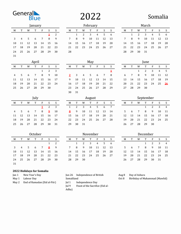 Somalia Holidays Calendar for 2022