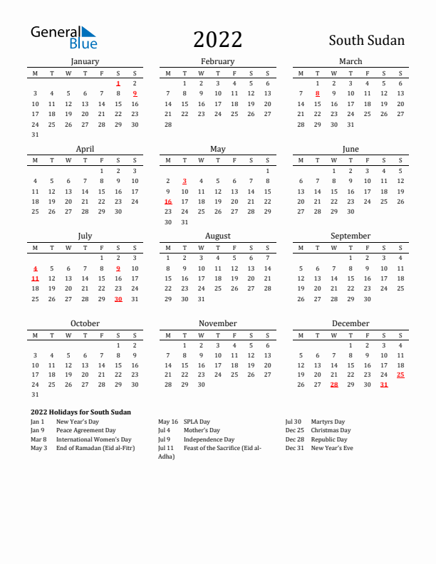 South Sudan Holidays Calendar for 2022