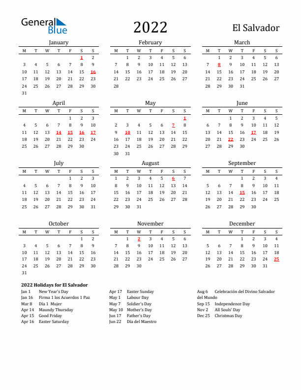 El Salvador Holidays Calendar for 2022