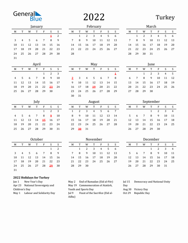 Turkey Holidays Calendar for 2022