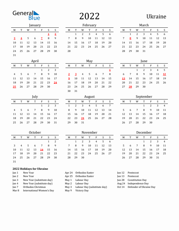 Ukraine Holidays Calendar for 2022