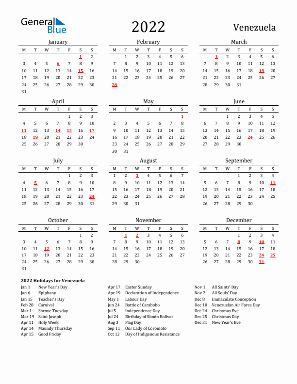 Venezuela Holidays Calendar for 2022