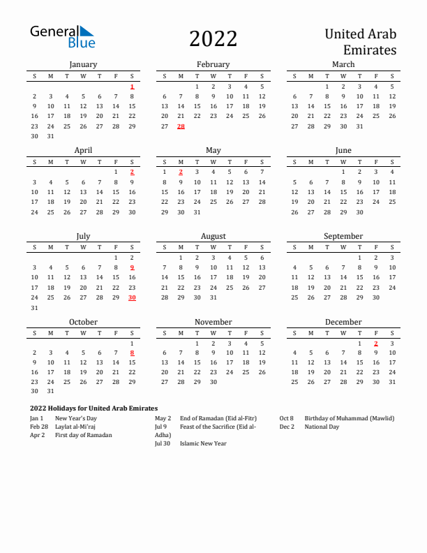 United Arab Emirates Holidays Calendar for 2022