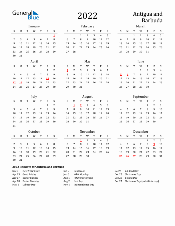 Antigua and Barbuda Holidays Calendar for 2022