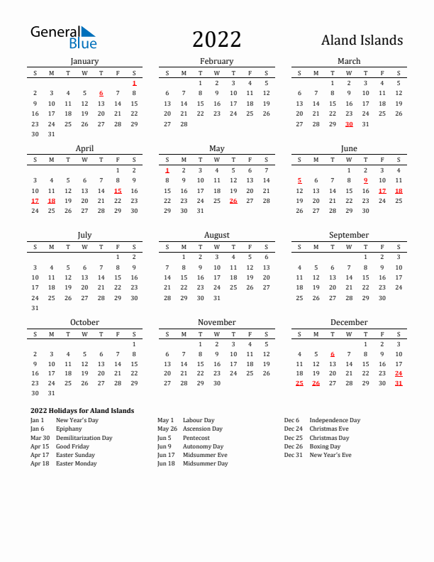 Aland Islands Holidays Calendar for 2022