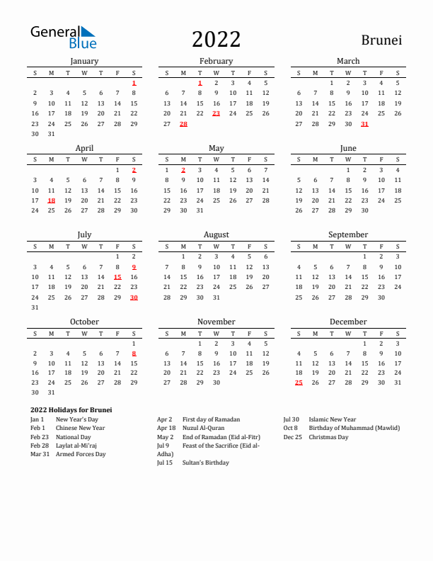 Brunei Holidays Calendar for 2022