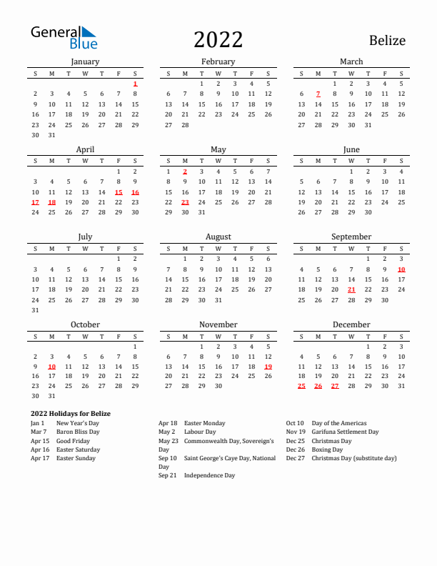 Belize Holidays Calendar for 2022