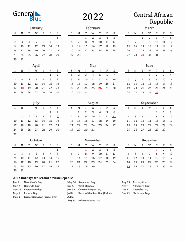 Central African Republic Holidays Calendar for 2022