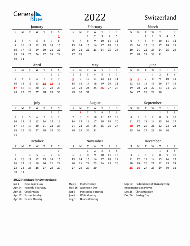 Switzerland Holidays Calendar for 2022