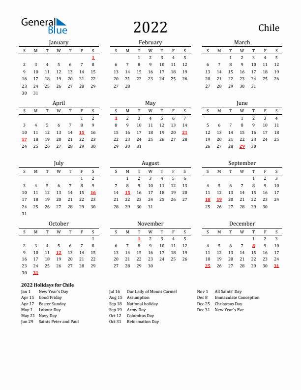 Chile Holidays Calendar for 2022