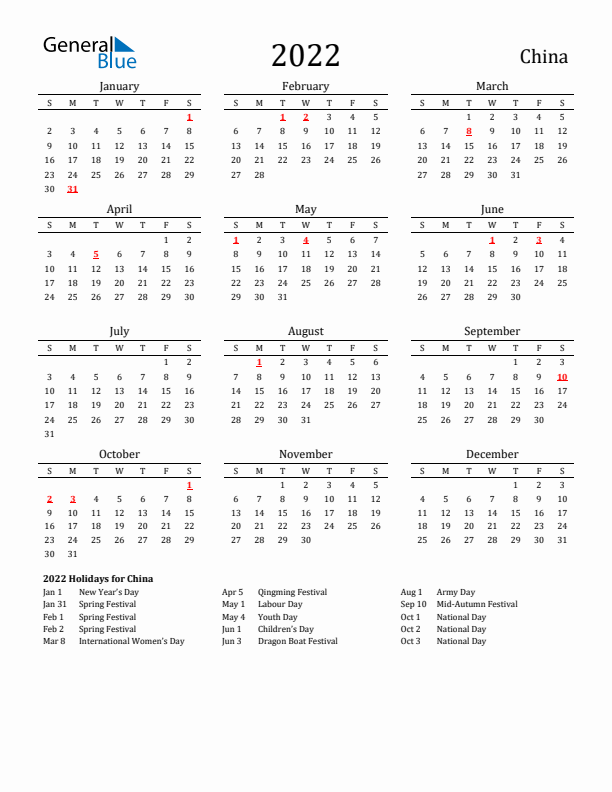 China Holidays Calendar for 2022