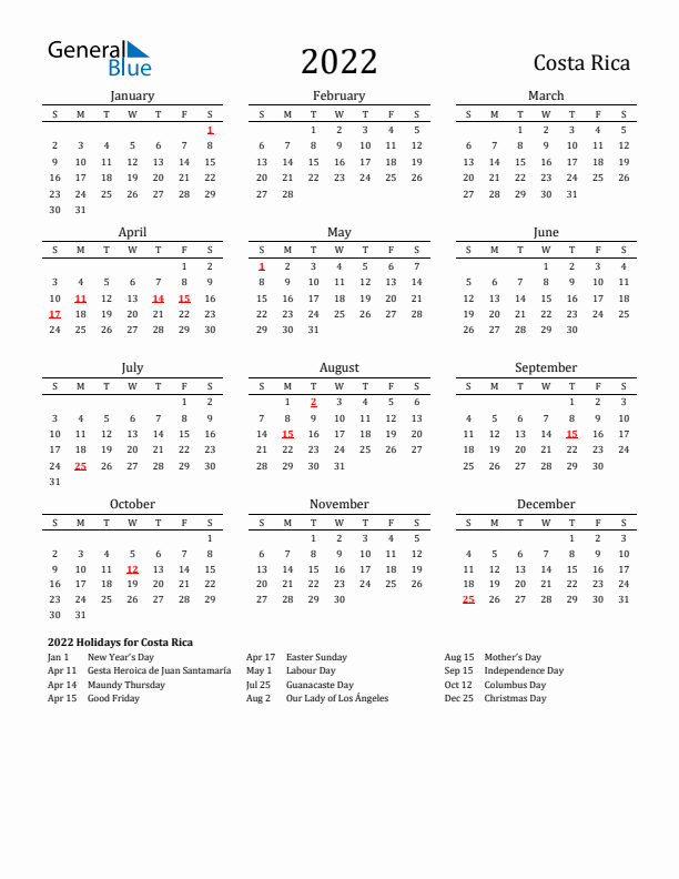 Costa Rica Holidays Calendar for 2022