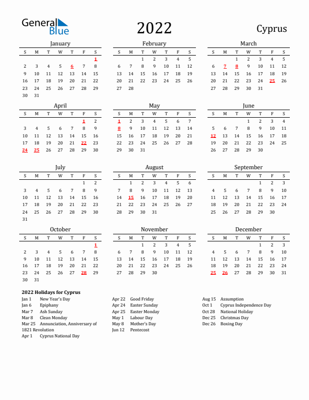 Cyprus Holidays Calendar for 2022