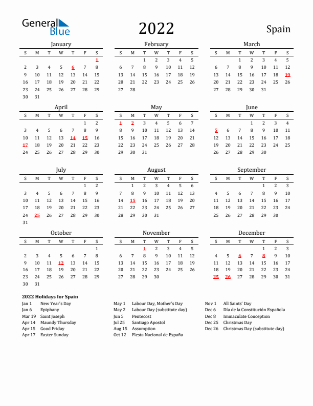 Spain Holidays Calendar for 2022