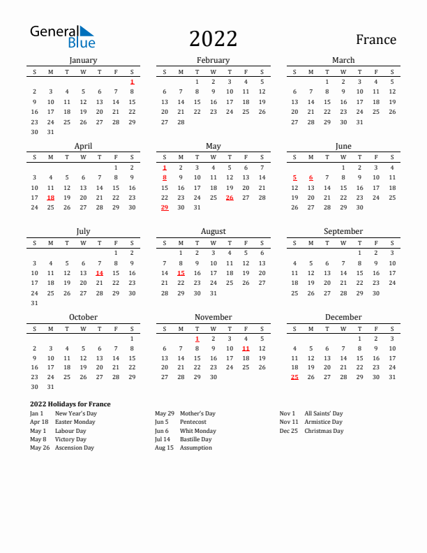 France Holidays Calendar for 2022