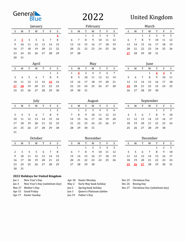 United Kingdom Holidays Calendar for 2022