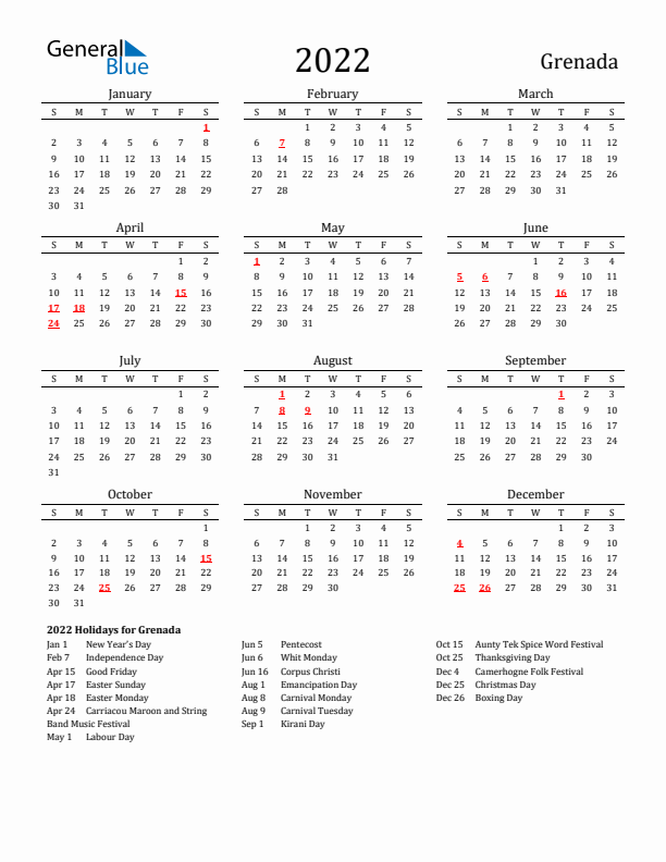 Grenada Holidays Calendar for 2022