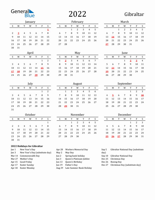 Gibraltar Holidays Calendar for 2022