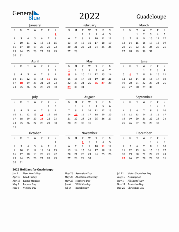 Guadeloupe Holidays Calendar for 2022