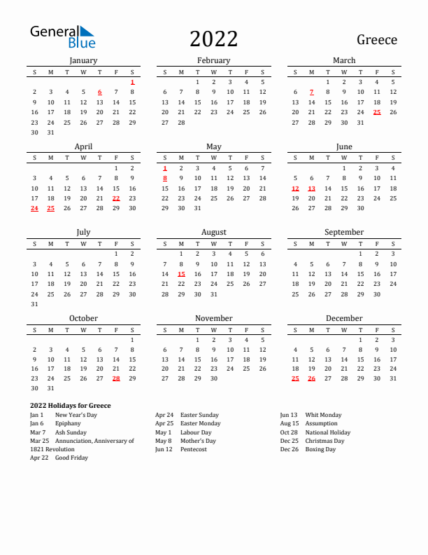 Greece Holidays Calendar for 2022