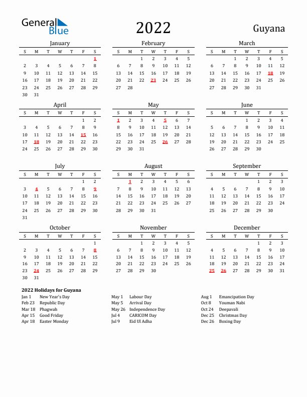 Guyana Holidays Calendar for 2022