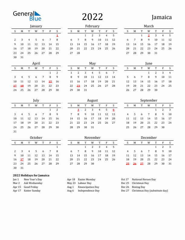 Jamaica Holidays Calendar for 2022