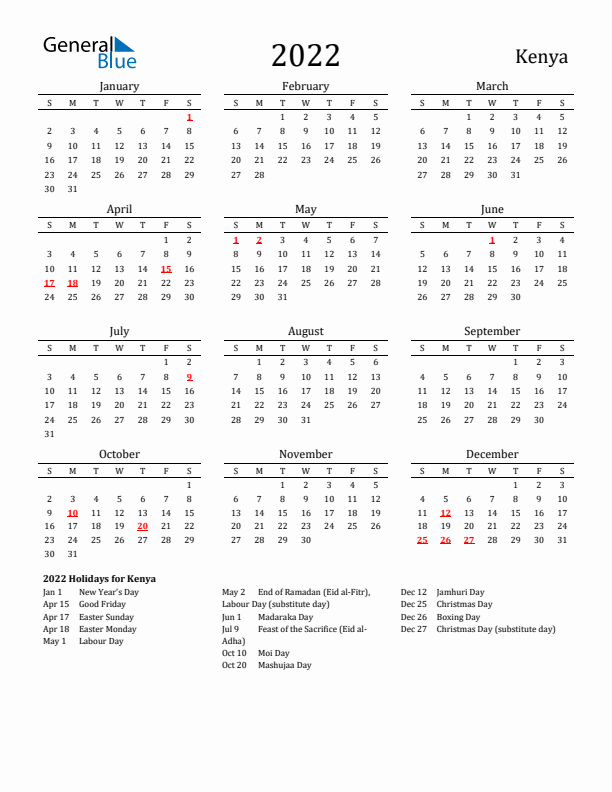 Kenya Holidays Calendar for 2022