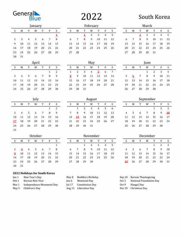 South Korea Holidays Calendar for 2022