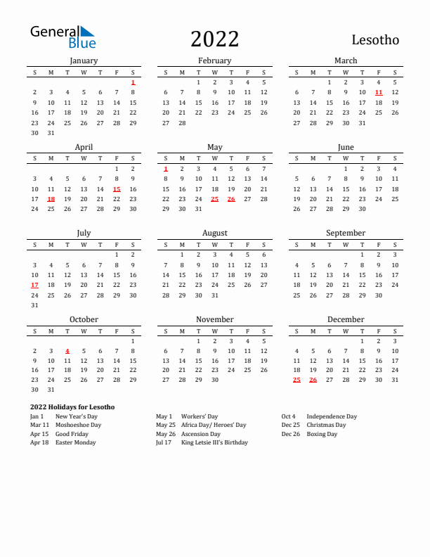 Lesotho Holidays Calendar for 2022