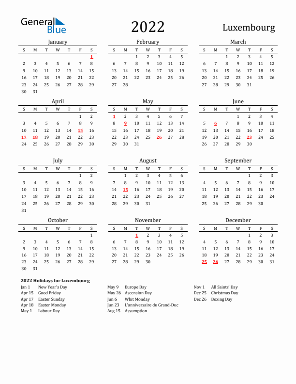 Luxembourg Holidays Calendar for 2022