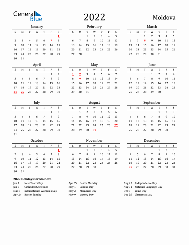 Moldova Holidays Calendar for 2022