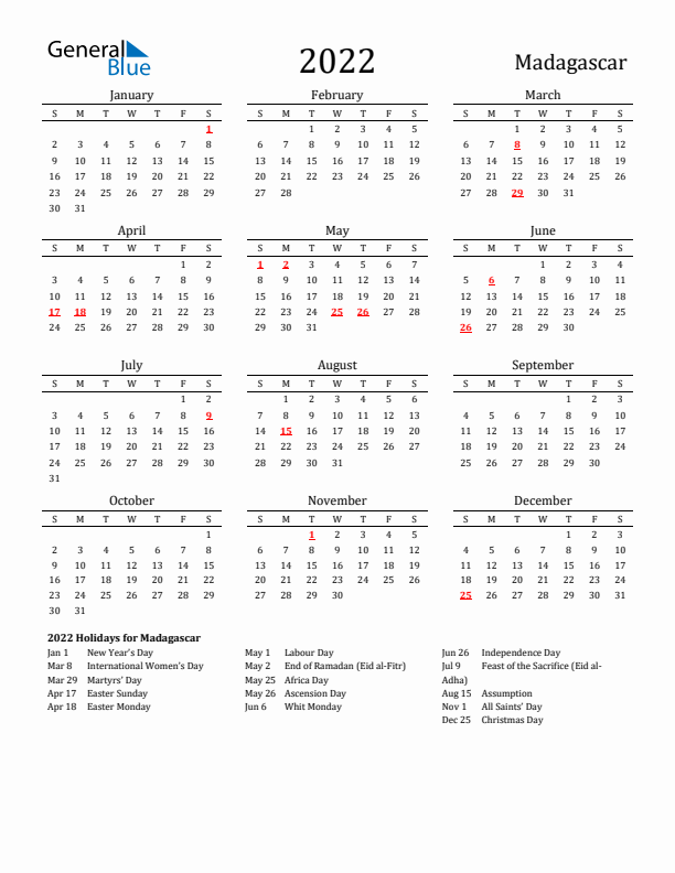 Madagascar Holidays Calendar for 2022