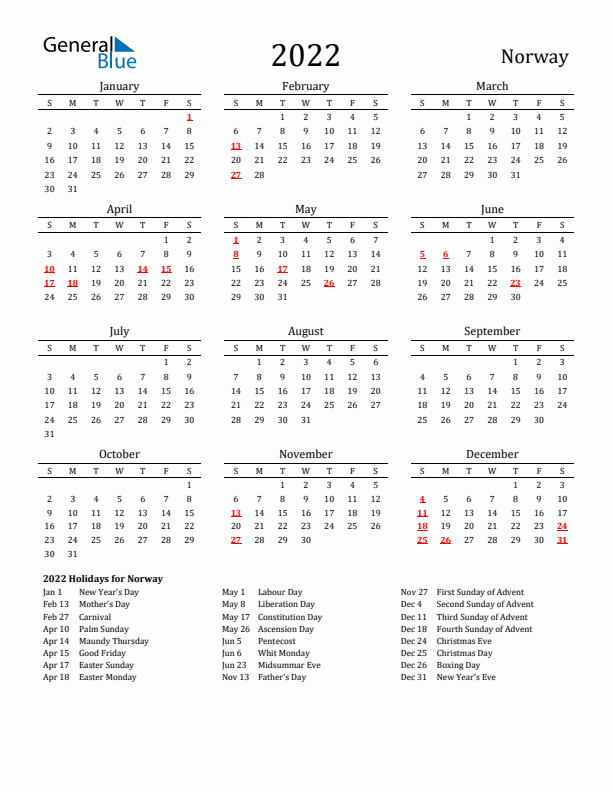 Norway Holidays Calendar for 2022