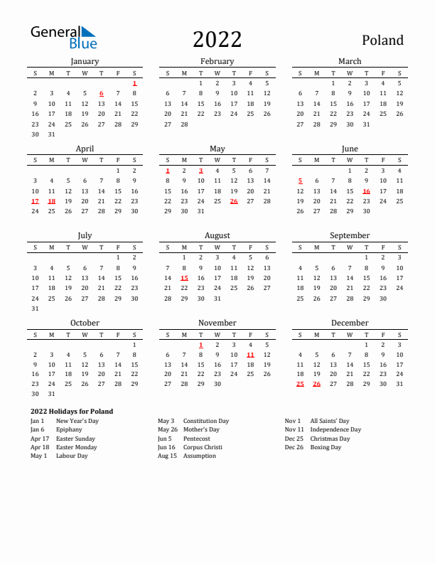 Poland Holidays Calendar for 2022