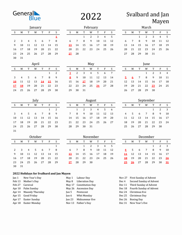 Svalbard and Jan Mayen Holidays Calendar for 2022