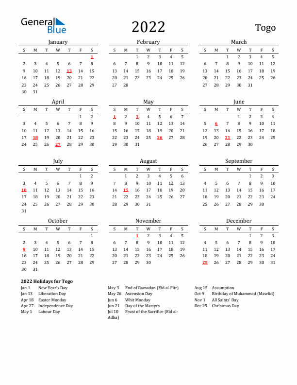 Togo Holidays Calendar for 2022