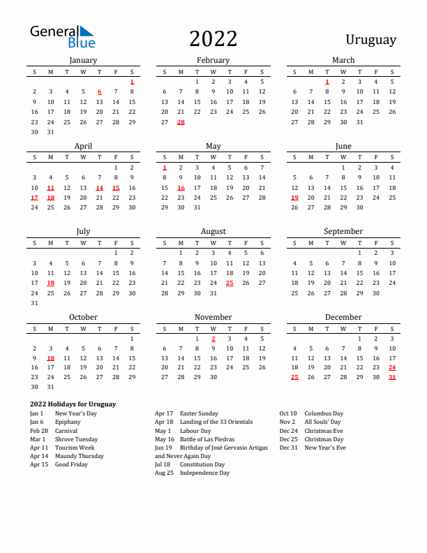 Uruguay Holidays Calendar for 2022