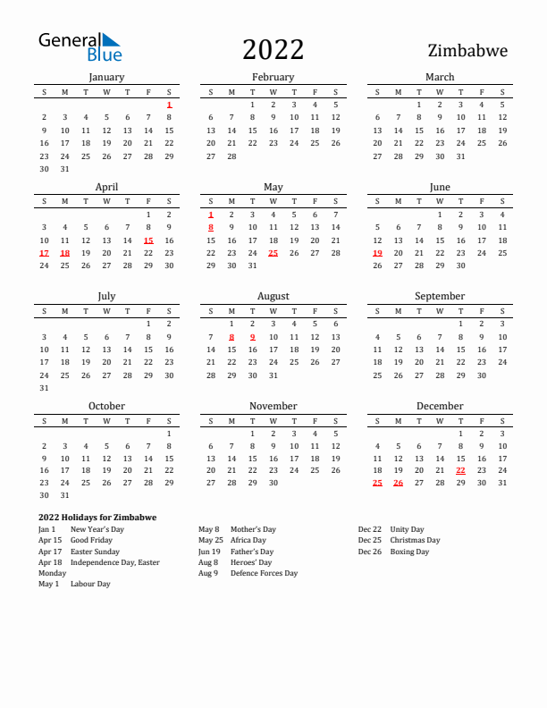 Zimbabwe Holidays Calendar for 2022