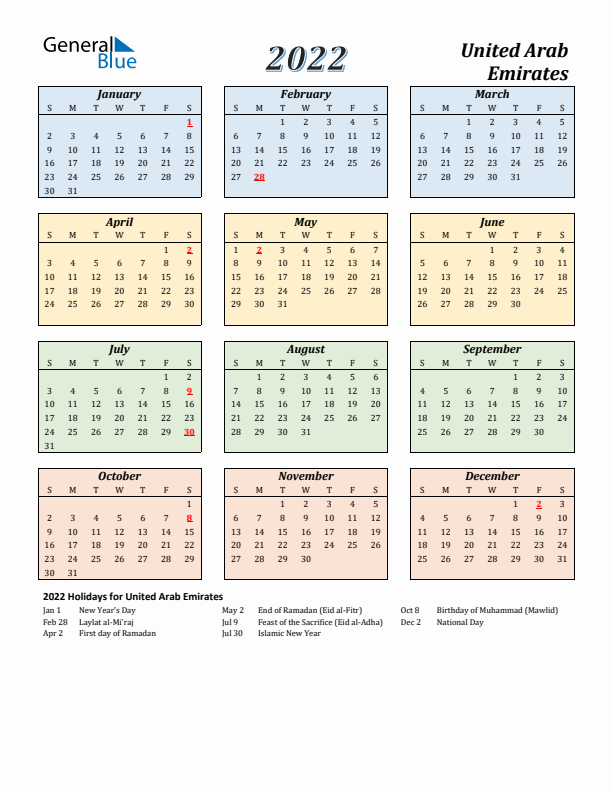 United Arab Emirates Calendar 2022 with Sunday Start